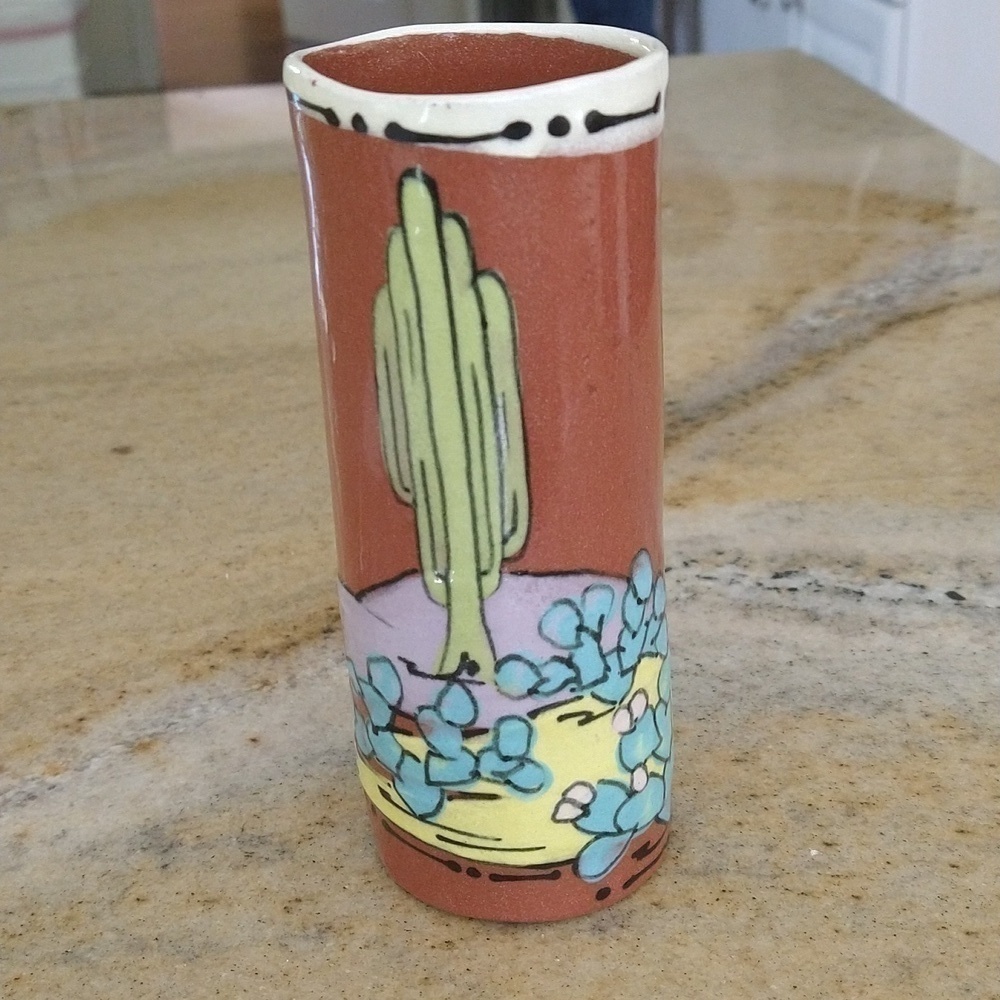 Vintage Szia signed Mexican tlaquepaque ceramic tumbler vase Southwest 6" tall